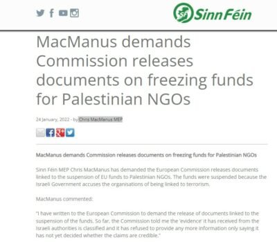 MacManus demands Commission releases documents on freezing funds for Palestinian NGOs